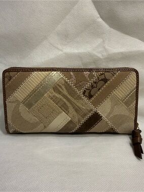 Coach Patchwork Accordion Zip Around Wallet in Beige and Brown